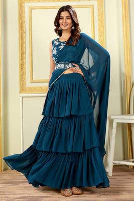 Patlani Georgette Floral Embroidered Teal Pre-stitched Saree 1