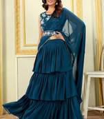 Patlani Georgette Floral Embroidered Teal Pre-stitched Saree