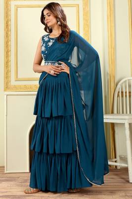 Patlani Georgette Floral Embroidered Teal Pre-stitched Saree 2