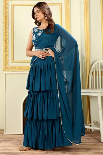 Patlani Georgette Floral Embroidered Teal Pre-stitched Saree