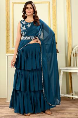 Patlani Georgette Floral Embroidered Teal Pre-stitched Saree 3