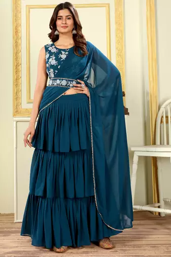 Patlani Georgette Floral Embroidered Teal Pre-stitched Saree