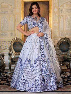 fascinating white blue thread work satin lehenga set choli with dupatta 1