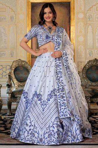 Fascinating White Blue Thread Work Satin Designer Lehenga Choli