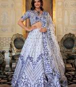 Fascinating White Blue Thread Work Satin Designer Lehenga Choli