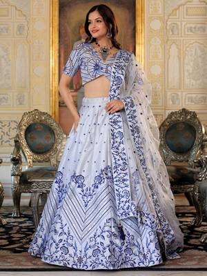 fascinating white blue thread work satin lehenga set choli with dupatta 2