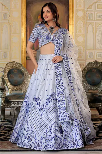 fascinating white blue thread work satin lehenga set choli with dupatta