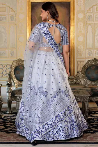 fascinating white blue thread work satin lehenga set choli with dupatta