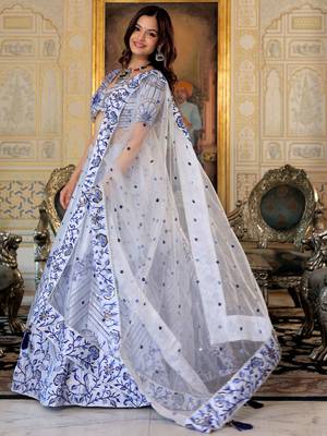 fascinating white blue thread work satin lehenga set choli with dupatta 4