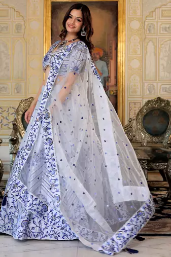 fascinating white blue thread work satin lehenga set choli with dupatta