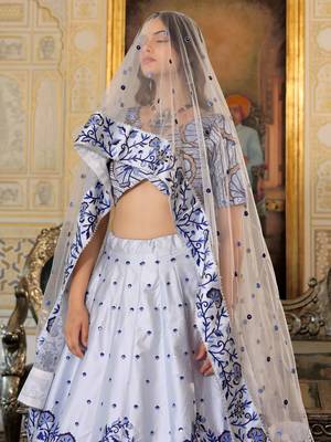 fascinating white blue thread work satin lehenga set choli with dupatta 5
