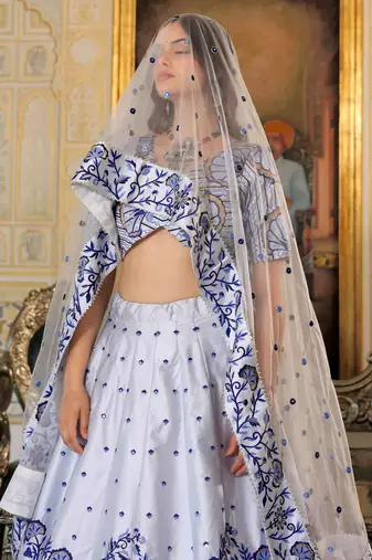 fascinating white blue thread work satin lehenga set choli with dupatta