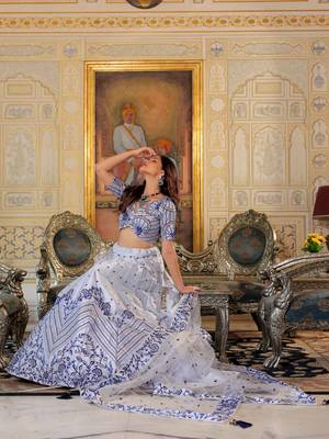 fascinating white blue thread work satin lehenga set choli with dupatta 6