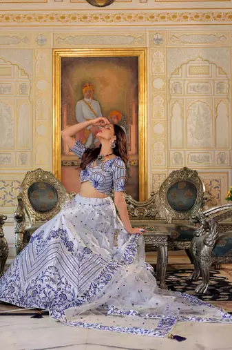 fascinating white blue thread work satin lehenga set choli with dupatta