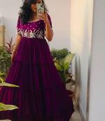 Women designer full flared chinnon fabric sequence embroidered work gown kurti 