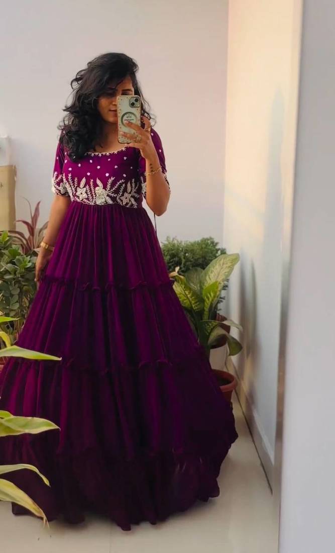 Women designer full flared chinnon fabric sequence embroidered work gown kurti 