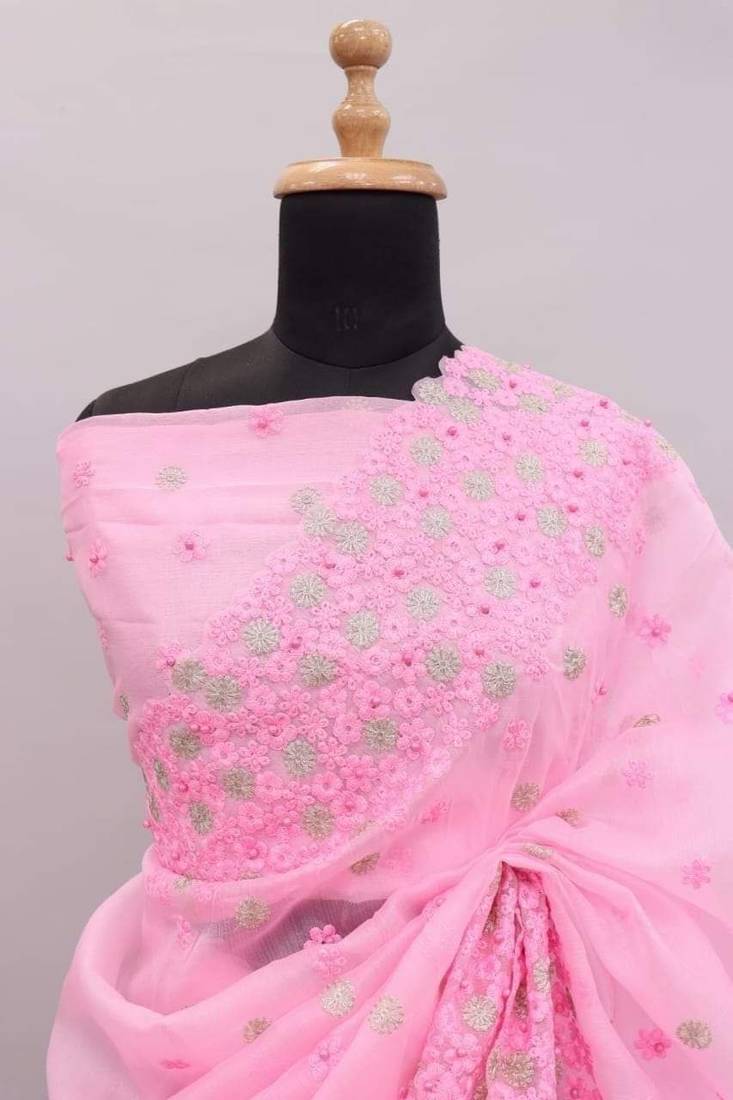 PINK COLOUR KHADI ORGANZA SILK SAREE WITH UN-STITCHED BLOUSE
