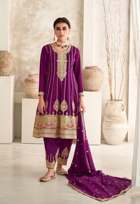 Wine Embroidered Premium Silk Free Size Punjabi Salwar Suit 1