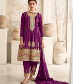 Wine Embroidered Premium Silk Free Size Punjabi Salwar Suit