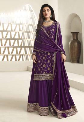 Purple viscose chinon jacquard with embroidery sequin work pakistani suit 1