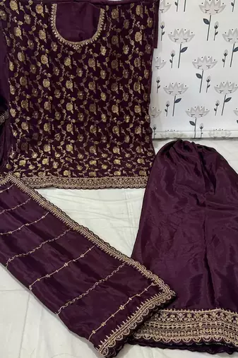 Purple viscose chinon jacquard with embroidery sequin work pakistani suit