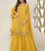 Mustard viscose chinon jacquard with embroidery sequence work pakistani suit
