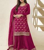 Magenta viscose chinon jacquard with embroidery sequence work pakistani suit