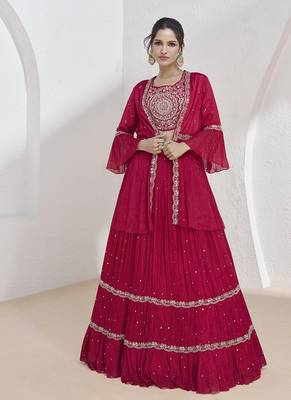 Magenta Chinon Fabric Lehenga set with choli and dupatta With Jacket & Fully Stitched Blouse With Dupatta 1