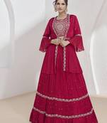 Magenta Chinon Fabric Lehenga Choli With Jacket & Fully Stitched Blouse With Dupatta
