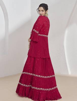 Magenta Chinon Fabric Lehenga set with choli and dupatta With Jacket & Fully Stitched Blouse With Dupatta 2