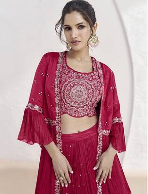 Magenta Chinon Fabric Lehenga set with choli and dupatta With Jacket & Fully Stitched Blouse With Dupatta 3