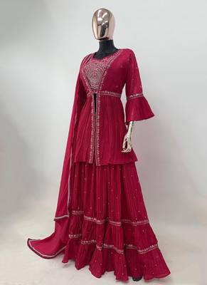 Magenta Chinon Fabric Lehenga set with choli and dupatta With Jacket & Fully Stitched Blouse With Dupatta 4