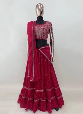 Magenta Chinon Fabric Lehenga set with choli and dupatta With Jacket & Fully Stitched Blouse With Dupatta 5