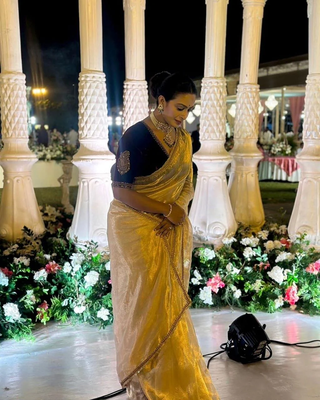Cream crush tissue silk saree with velvet embroidery stitched blouse 3