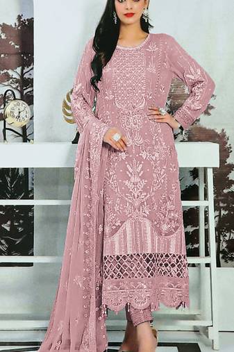 Pink embroidered faux georgette semi stitched salwar suit