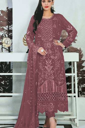 Wine embroidered faux georgette semi stitched salwar suit