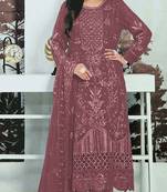 Wine embroidered faux georgette semi stitched salwar suit