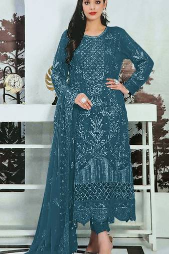 Teal embroidered faux georgette semi stitched salwar suit