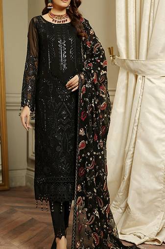 Black embroidered faux georgette semi stitched salwar suit