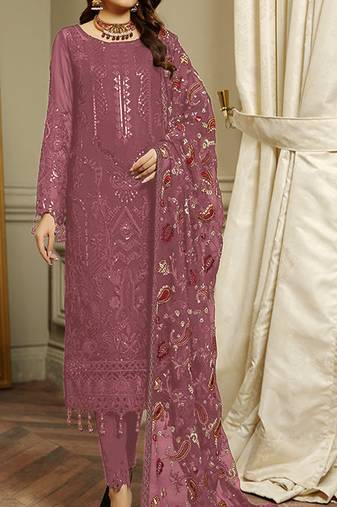 Peach embroidered faux georgette semi stitched salwar suit