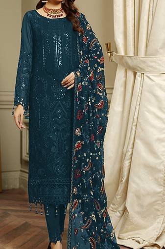 Teal embroidered faux georgette semi stitched salwar suit