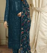 Teal embroidered faux georgette semi stitched salwar suit