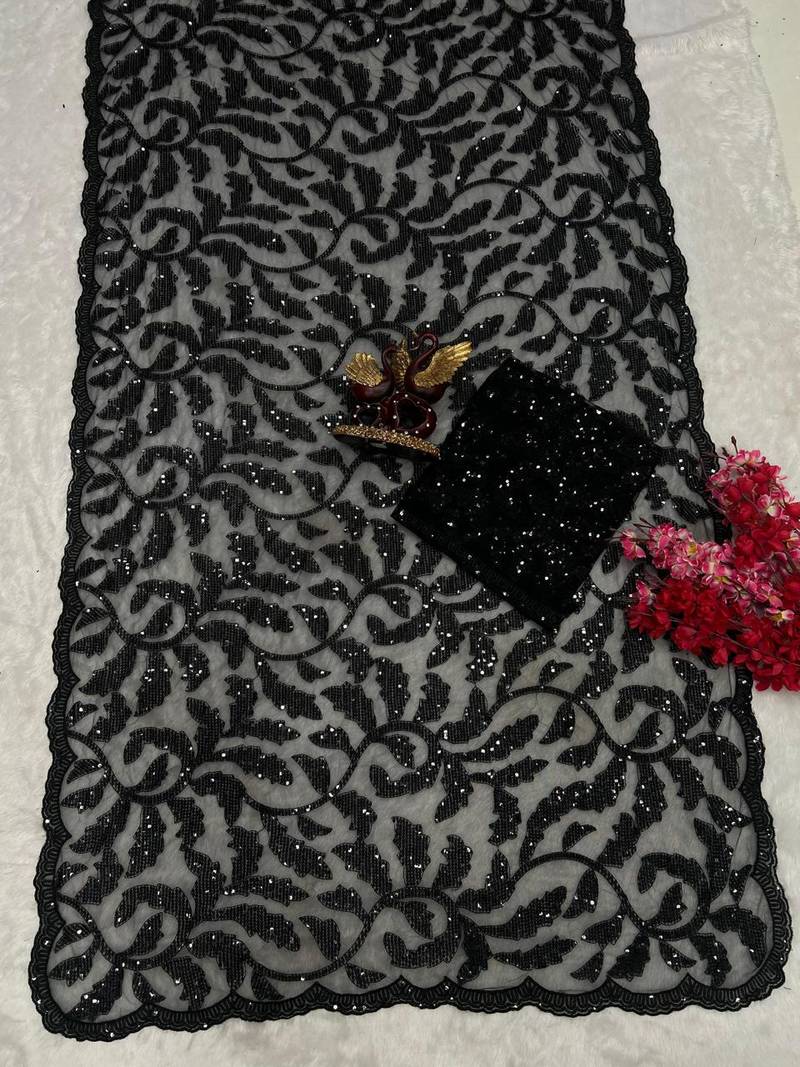 Black Color Soft Net Fabric C Pallu Sequance Embroidery Work Saree