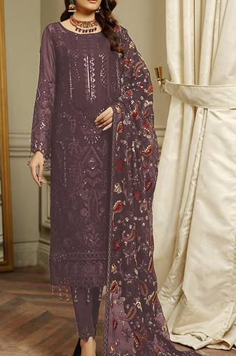 Purple embroidered faux georgette semi stitched salwar suit