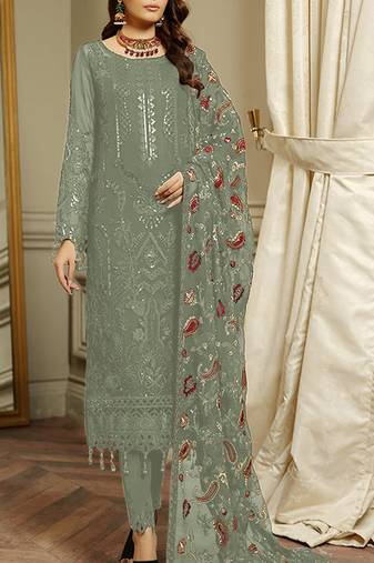 Light green embroidered faux georgette semi stitched salwar suit