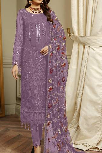 Lavender embroidered faux georgette semi stitched salwar suit