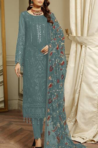 Grey embroidered faux georgette semi stitched salwar suit
