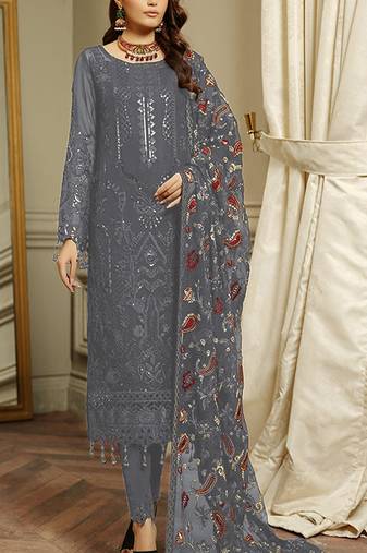 Dark grey embroidered faux georgette semi stitched salwar suit
