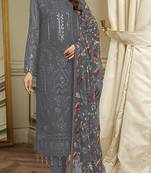 Dark grey embroidered faux georgette semi stitched salwar suit