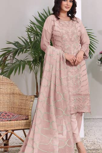 Peach embroidered faux georgette semi stitched salwar suit